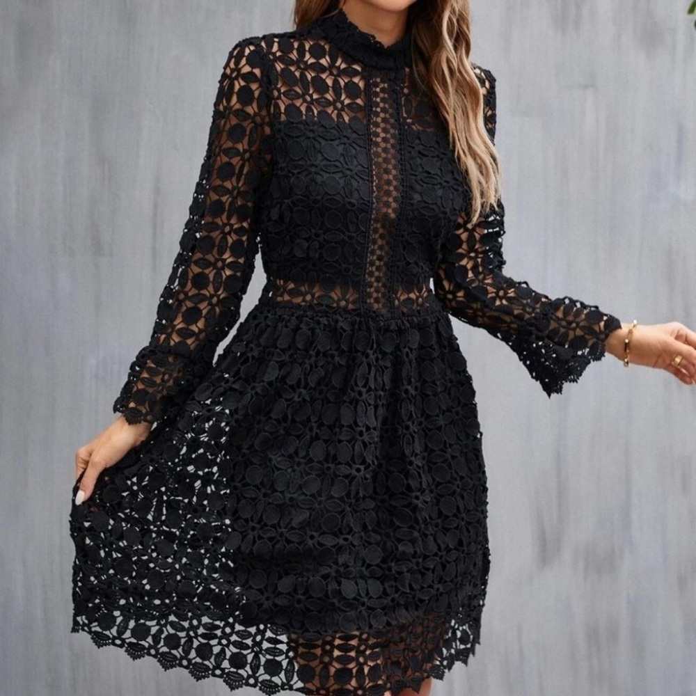 Black Mesh Insert Mock Neck Flounce Sleeve Lace Dress